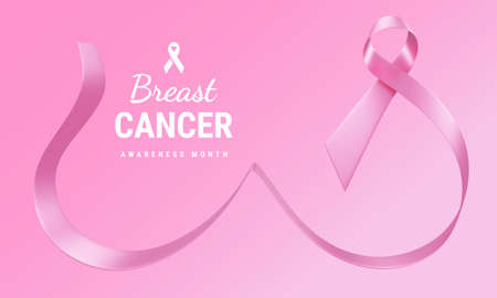3d illustration of Breast Cancer Awareness Realistic Ribbon Curve in Breast Shape and White Text on Pink Color Background. Design for Poster, Banner, Printの写真素材