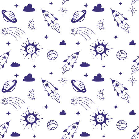 Vector Abstract Black and White Kid Space Illustration, Fun Seamless Pattern with Space Ship, Star, Earth, Sun, Planet, Moon, Cloud, Line Art Style Designのイラスト素材