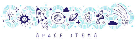 Vector Abstract Horizontal Kid Space Illustration on White Background, Fun Pattern with Space Ship, Star, Earth, Satellite, Sun, Planet, Moon, Cloud, Line Art Style Design with Blue Linesのイラスト素材