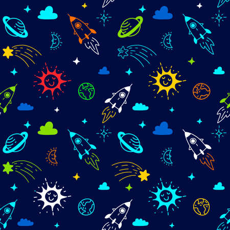 Vector Abstract Neon Color Kid Space Illustration on Dark Background, Fun Seamless Pattern with Space Ship, Star, Earth, Sun, Planet, Moon, Cloud, Line Art Style Designのイラスト素材