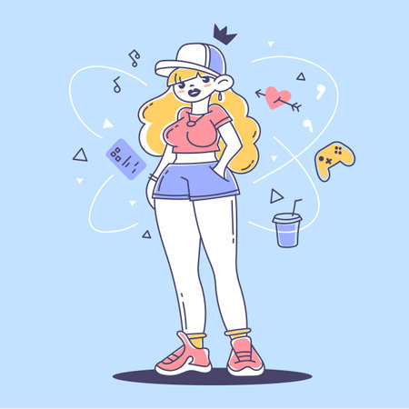Vector Modern Illustration of Cool Girl in Cap with Smart Phone, Wireless Headphones, Gamepad, Crown on Color Backgroundのイラスト素材