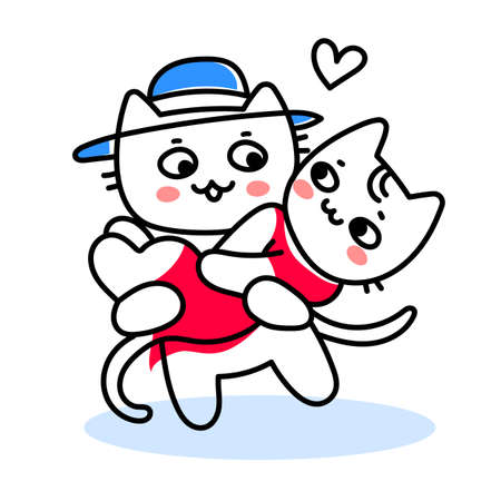 Vector Romantic Illustration of Love Cute Cat Character Carry Girl Cat in Arms on White Background, Line Art Style Designのイラスト素材