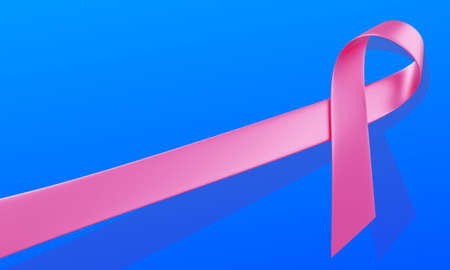3d Symbol of Breast Cancer Awareness Month Campaign. Illustration of Pink Breast Cancer Awareness Realistic Ribbon on Blue Color Background with Shadow. Design for Poster, Banner, Printの写真素材