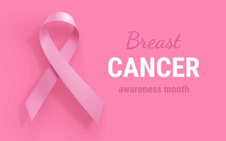3d Template with Symbol of Breast Cancer Awareness Month Campaign on Pink Color Background and Text. Illustration of Pink Breast Cancer Awareness Realistic Ribbon with Loop. Design for Poster, Banner, Printの写真素材