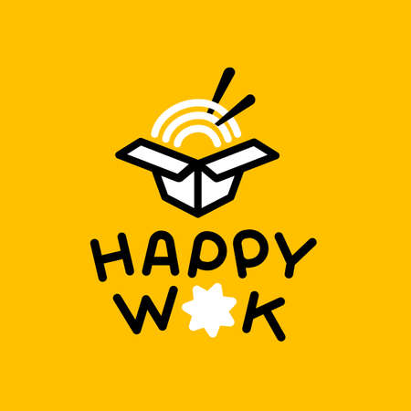 Vector Happy Wok with Chinese Noodles in White Box. Line Art Style Design of Creative Logotype on Yellow Backgroundのイラスト素材