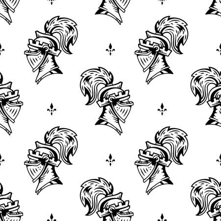 Vector Seamless Pattern with Knight Head in Helmet with Feathers on White Background. Black Line Art Flat Style Design of Medieval Knight Headのイラスト素材