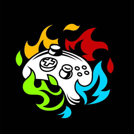 Vector Illustration of White Joystick with Colorful Flame. Line Art Flat Style Design of Gamepad on Black Backgroundのイラスト素材