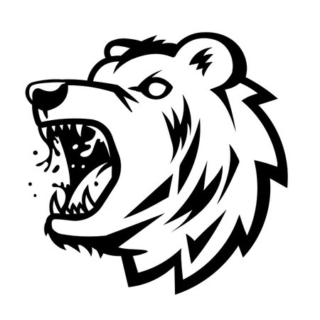 Vector Logotype of Growling Bear Head on White Background. Black Line Art Flat Style Design of Angry Animal Bear with Open Mouthのイラスト素材