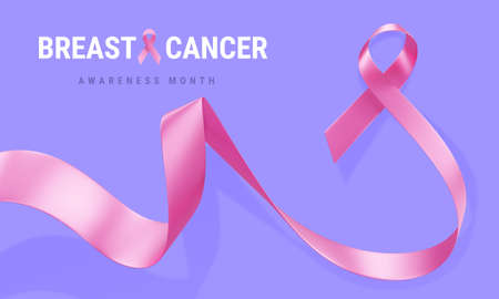 3d Illustration of Beautiful Realistic Pink Ribbon with Curl and Text. Breast Cancer Awareness Ribbon on Color Background. Symbol of Breast Cancer Awareness Month Campaign. Design for Poster, Banner, Printの写真素材