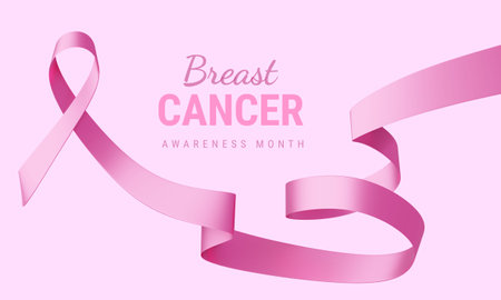 3d Illustration of Breast Cancer Awareness Ribbon on Pink Color Background. Beautiful Realistic Pink Ribbon with Curl and Text. Symbol of Breast Cancer Awareness Month Campaign. Design for Poster, Banner, Printの写真素材