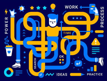 Vector Business Illustration of Man with Long Hands and Legs on Dark Color Background. Office Multitask Manager with Icon and Wordのイラスト素材