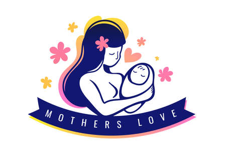 Vector Beautiful Creative Logo Love Mothers with Child Care and Text. Line Art Style Design of Logotype Mother Holding Baby in Arms with Heart and Flower on White Backgroundのイラスト素材