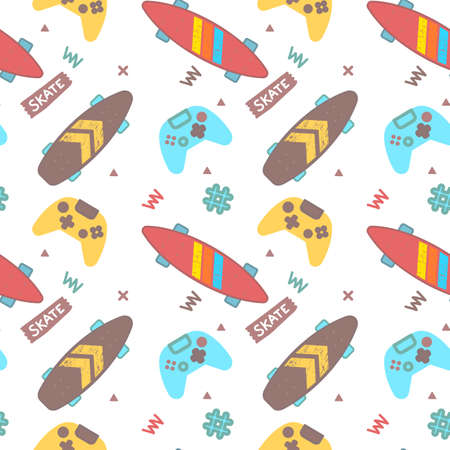Vector Illustration of Color Skate Board with Gamepad. Skateboarding Seamless Pattern with Cartoon Skateboard and Hashtag. Flat Style Skate Background for T-shirt and Paper Printのイラスト素材