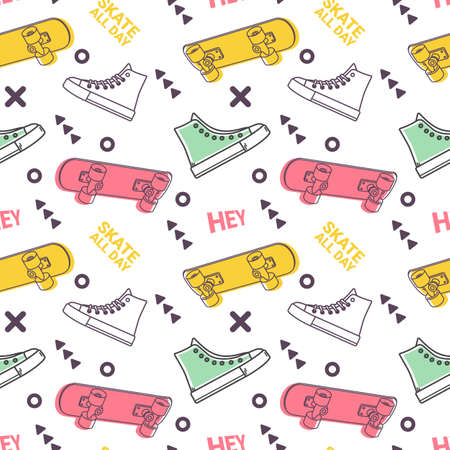 Skateboarding Seamless Pattern with Cartoon Skate Board and Word. Vector Illustration of Flying Skateboard with Sneakers. Line Art Style Skate Color Background for T-shirt and Paper Printのイラスト素材