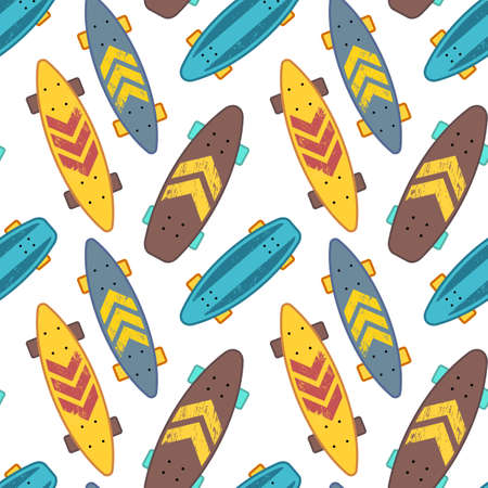 Vector Illustration of Color Textured Skate Board. Skateboarding Seamless Pattern with Cartoon Different Skateboard. Flat Style Skate Background for T-shirt and Paper Printのイラスト素材