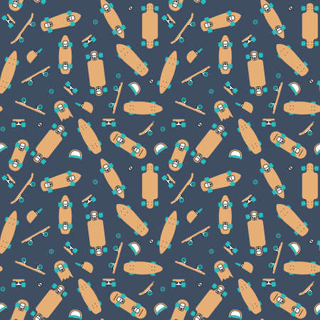 Vector Illustration of Different Wooden Skate Board. Skateboarding Seamless Pattern with Skateboard and Cap. Flat Style Skate Color Background for T-shirt and Paper Printのイラスト素材