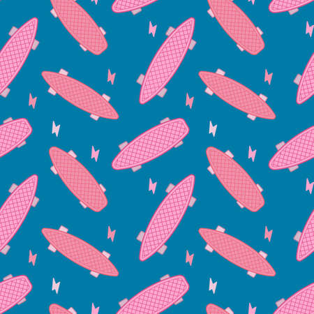 Vector Girlish Illustration of Pink Penny Skateboard with Lightning. Skateboarding Seamless Pattern with Cartoon Skate Board. Flat Style Skate Background for T-shirt and Paper Printのイラスト素材