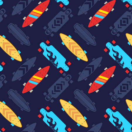 Vector Skateboarding Seamless Pattern with Dark and Bright Skateboard. Illustration of Different Skate Board with Texture. Flat Style Skate Color Background for T-shirt and Paper Printのイラスト素材