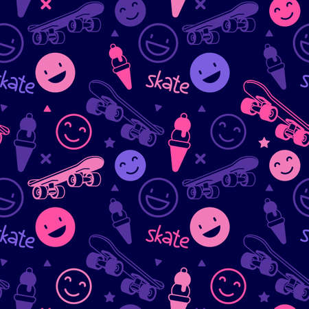 Skateboarding Seamless Pattern with Cartoon Skateboard and Smile, Word. Vector Illustration of Neon Color Skate Board with Ice Cream. Line Art Style Skate Dark Background for T-shirt and Paper Printのイラスト素材