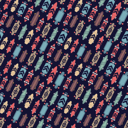 Vector Skateboarding Seamless Pattern with Skateboard. Illustration of Different Wooden Skate Board. Line Art Flat Style Skate Retro Color Background for T-shirt and Paper Printのイラスト素材