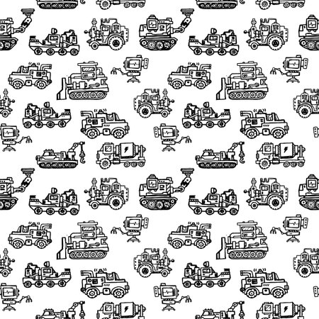 Vector Seamless Pattern with Different Complex Mechanism. Hand Drawn Line Art Style Design of Black and White Retro Machineのイラスト素材