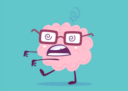 Vector Creative Illustration of Crazy Pink Human Brain Character in Glasses on Color Background. Flat Style Education Concept Design of Tired Brain for Web, Site, Banner, Posterのイラスト素材