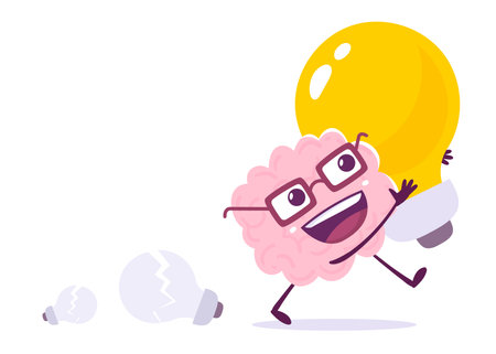 Vector Creative Illustration of Happy Pink Human Brain Character in Glasses with Yellow Light Bulb on White Background. Flat Style Knowledge Concept Design of Happy Brain and Idea for Web, Site, Banner, Posterのイラスト素材