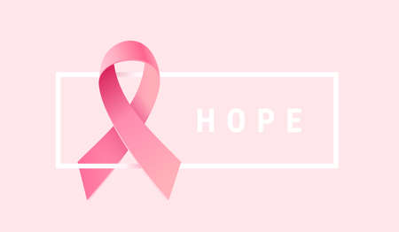 Vector Illustration with Word Hope and Pink Breast Cancer Ribbon in White Frame on Pink Color Background. Symbol of Breast Cancer Awareness. Design for Poster, Awareness Month Campaign Banner, Printのイラスト素材