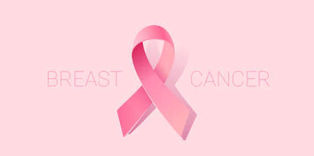 Vector Illustration of Pink Breast Cancer Realistic Ribbon with Loop and Text on Pink Color Background. Symbol of Breast Cancer Awareness. Design for Poster, Awareness Month Campaign Banner, Printのイラスト素材