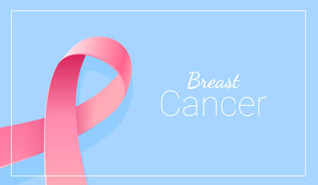 Vector Illustration of Pink Breast Cancer Ribbon in White Frame with Text on Blue Color Background. Symbol of Breast Cancer Awareness. Design for Poster, Awareness Month Campaign Banner, Printのイラスト素材