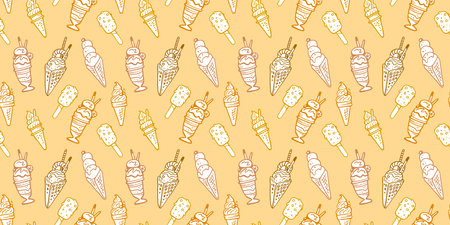 Seamless Black Line art Style Pattern Design with Ice Cream. Vector Sweet Illustration of Tasty Different Ice Cream on Light Background for Paper Print, Menu, Bannerのイラスト素材