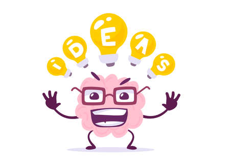 Vector Creative Illustration of Happy Pink Human Brain Character in Glasses and Yellow Light Bulb with Idea Letter on White Background. Flat Style Knowledge Concept Design of Happy Brain for Web, Site, Banner, Posterのイラスト素材