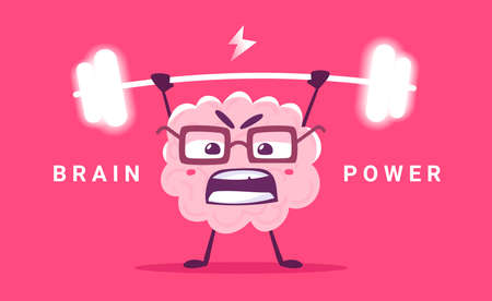 Vector Creative Illustration of Strong Pink Human Brain Character Energy Lifting Weight on Color Background. Flat Style Knowledge Concept Design of Emotional Brain in Glasses for Web, Site, Banner, Posterのイラスト素材