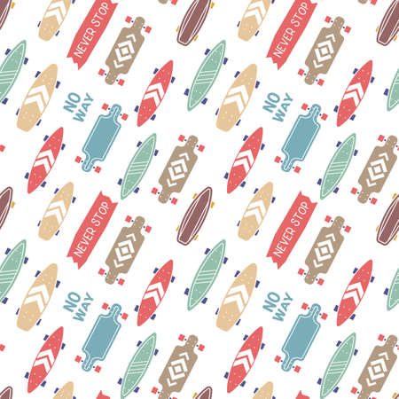 Vector Retro Color Illustration of Different Wooden Skate Board. Seamless Pattern with Skateboard. Line Art Flat Style Skateboarding on White Backgroundのイラスト素材