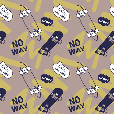 Vector Illustration of Black Skate Board and Quote No Way. Skateboarding Seamless Pattern with...