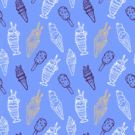 Vector Tasty Illustration of Sweet Different Line Art Style Ice Cream on Blue Background, Color Seamless Pattern Design with Ice Cream.のイラスト素材
