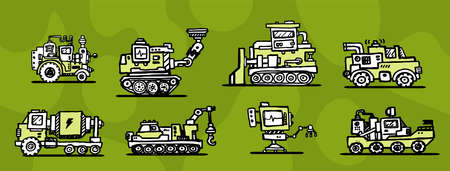 Vector Set of Different Hand Drawn Military Machine. Line Art Style Design of Black and White Retro Mechanism on Camouflage Color Backgroundのイラスト素材