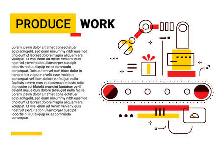 Vector Template with Color Illustration of Complex Mechanism of Production Gift Box with Conveyor Belt and Robot Arm. Line Art Style Design of Present Machine on White Color Background with Text Spaceのイラスト素材