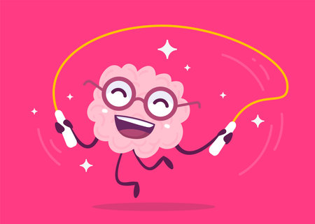 Vector Creative Illustration of Happy Human Brain Character Jumping Rope on Pink Color Background....