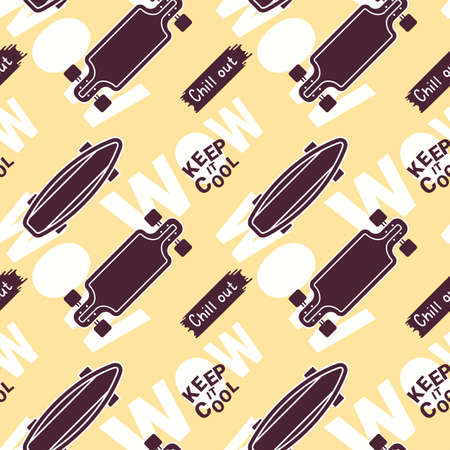 Vector Skateboarding Seamless Pattern with Skateboard. Illustration of Mono Color Skate Board and Word. Flat Style Brown Background for T-shirt and Paper Printのイラスト素材