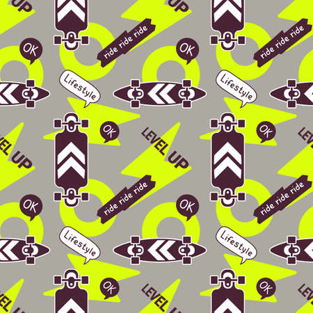 Vector Illustration of Textured Skate Board and Word. Skateboarding Seamless Pattern with Skateboard. Flat Style Color Background for T-shirt and Paper Printのイラスト素材