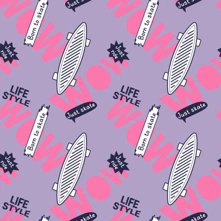 Vector Illustration of White Penny Board and Pink Word Wow. Skateboarding Seamless Pattern with Cartoon Skateboard. Line Art Flat Style Skate Color Background for T-shirt and Paper Printのイラスト素材