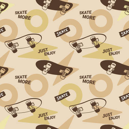 Vector Illustration of Mono Color Skate Board and Quote Skate More. Skateboarding Seamless Pattern with Skateboard. Flat Style Brown Background for T-shirt and Paper Printのイラスト素材