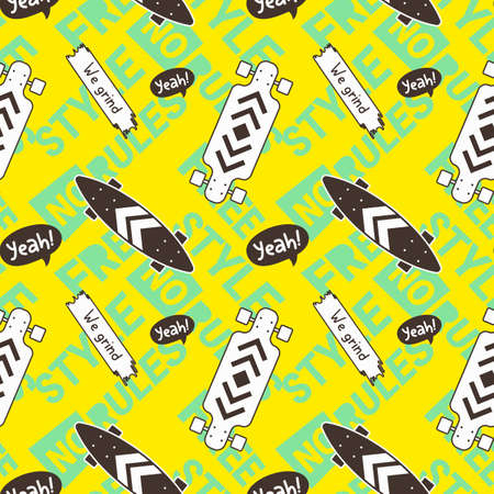 Vector Illustration of Textured Skate Board and Word. Skateboarding Seamless Pattern with Skateboard. Flat Line Art Style Yellow Color Background for T-shirt and Paper Printのイラスト素材