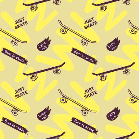 Vector Color Skateboarding Seamless Pattern with Skateboard. Illustration of Line Skate Board and Word. Flat Style Graffiti Background for T-shirt and Paper Printのイラスト素材