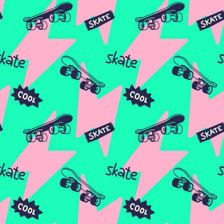 Vector Illustration of Mono Color Skate Board and Word Skate. Skateboarding Seamless Pattern with Skateboard and Flash. Flat Style Green Background for T-shirt and Paper Printのイラスト素材