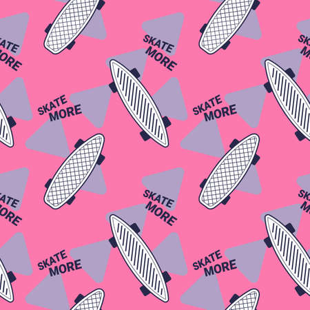 Vector Illustration of White Penny Board and Word. Skateboarding Seamless Pattern with Cartoon Skateboard. Line Art Flat Style Skate Pink Background for T-shirt and Paper Printのイラスト素材