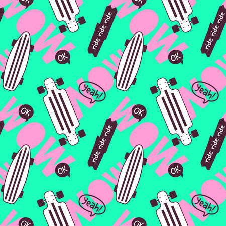 Vector Illustration of White Skate Board and Word Wow. Skateboarding Seamless Pattern with Skateboard. Flat Style Green Background for T-shirt and Paper Printのイラスト素材