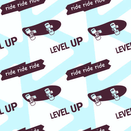 Vector Illustration of Mono Color Skate Board and Quote. Skateboarding Seamless Pattern with Skateboard. Flat Style Skate Light Background for T-shirt and Paper Printのイラスト素材