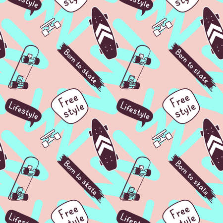 Vector Illustration of Textured Line Skate Board. Skateboarding Seamless Pattern with Cartoon Skateboard and Quote. Flat Style Skate Pink and Blue Color Background for T-shirt and Paper Printのイラスト素材
